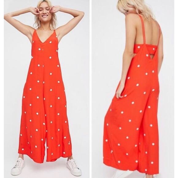 Free People Pants - FREE PEOPLE Dream Big Polka Dot Jumpsuit Red White Wide Leg Festival Boho Size S